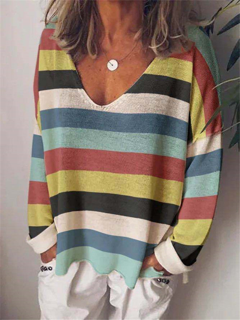 Loose V-neck Rainbow Stripe Multicolor Knit Long Sleeve
