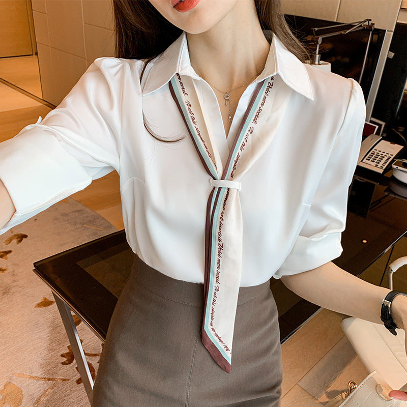 Long-Sleeved Loose Shirt with Lightly Cooked Scarf