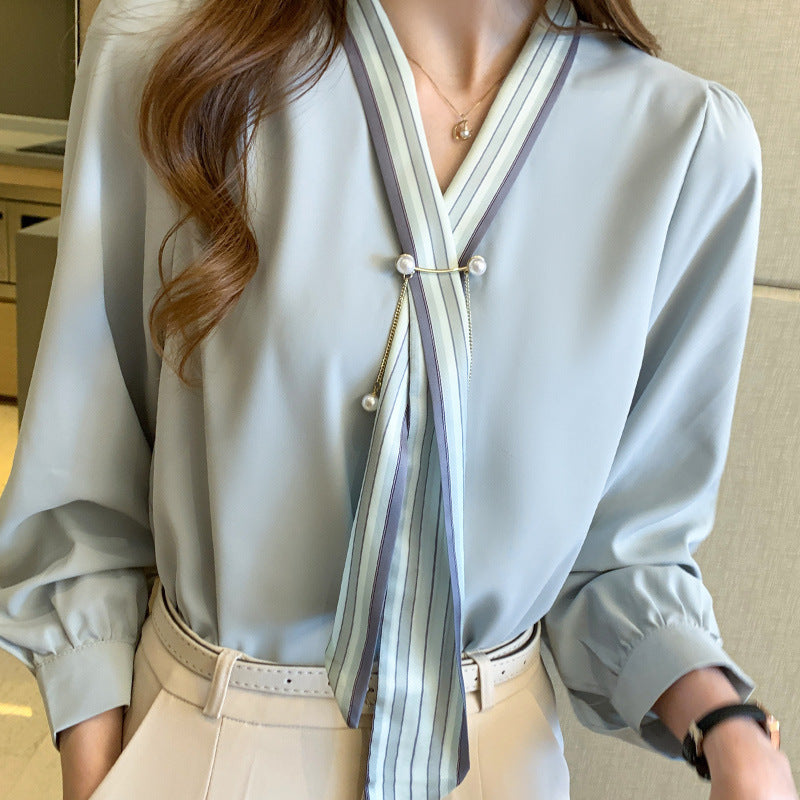 V-neck Streamer Fashion OL Goddess Fan Sang Silk Shirt
