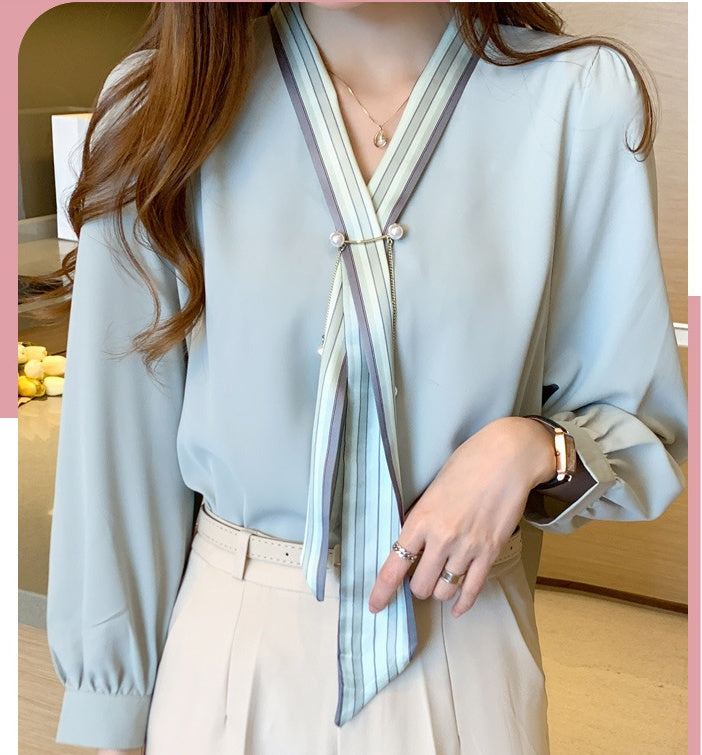 V-neck Streamer Fashion OL Goddess Fan Sang Silk Shirt
