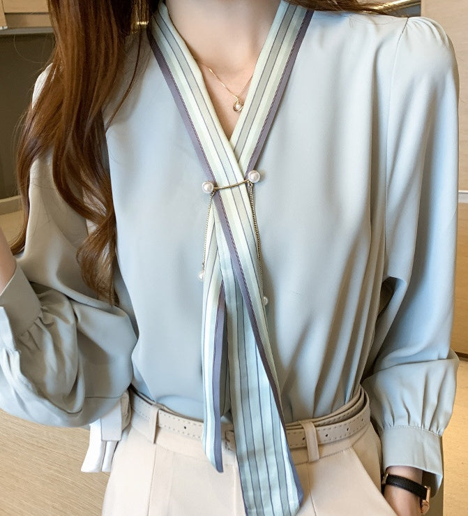 V-neck Streamer Fashion OL Goddess Fan Sang Silk Shirt