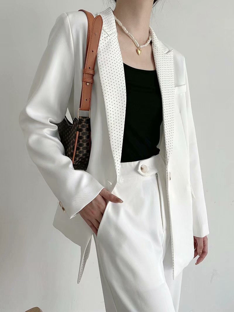 Slim Long-Sleeve Collar Stitching Rabbit Fur Suit Jacket White