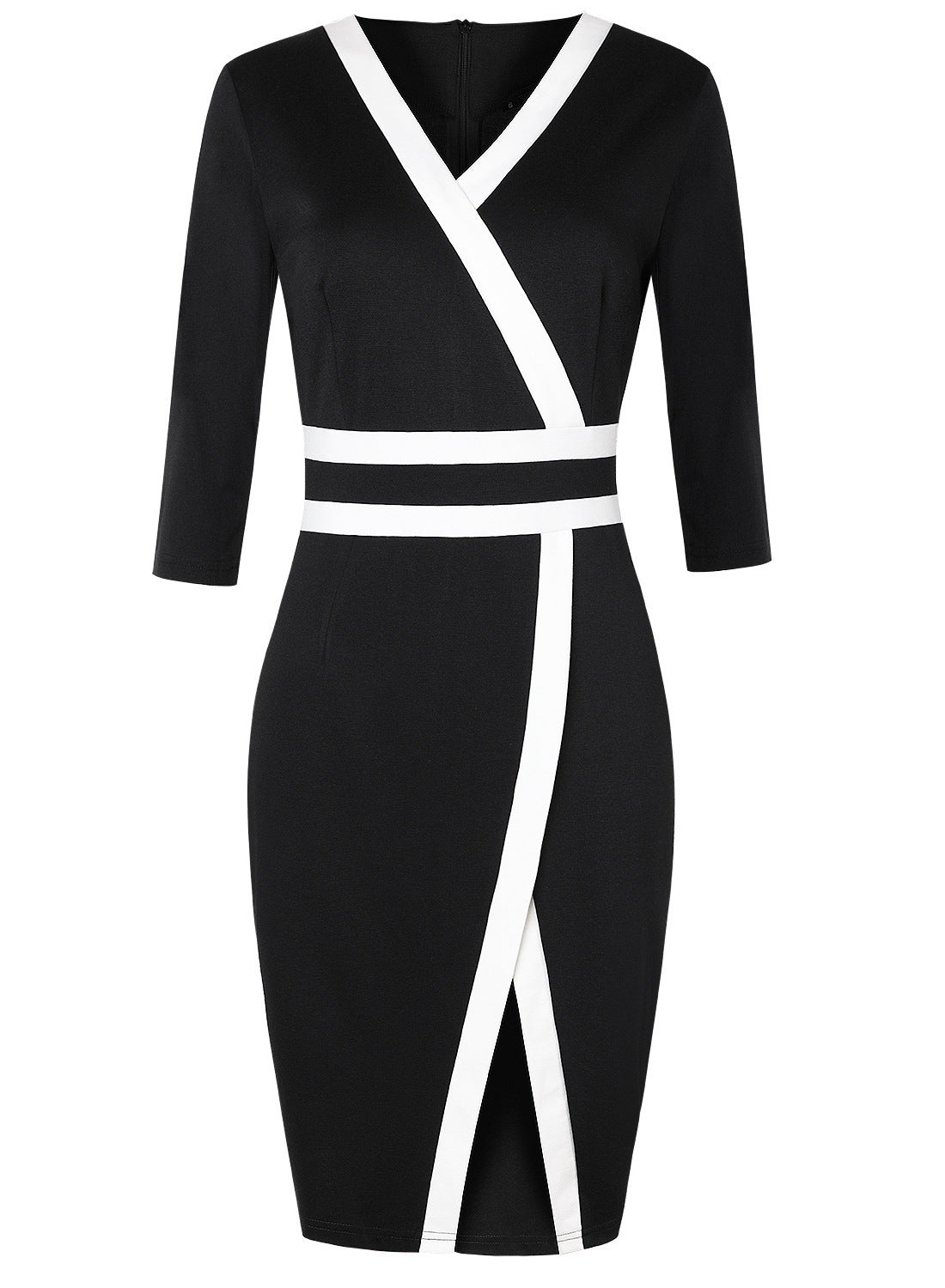 Robe Crayon Professionnelle en Coton à Col V Manches 3/4 avec Couture et Effet Hanche