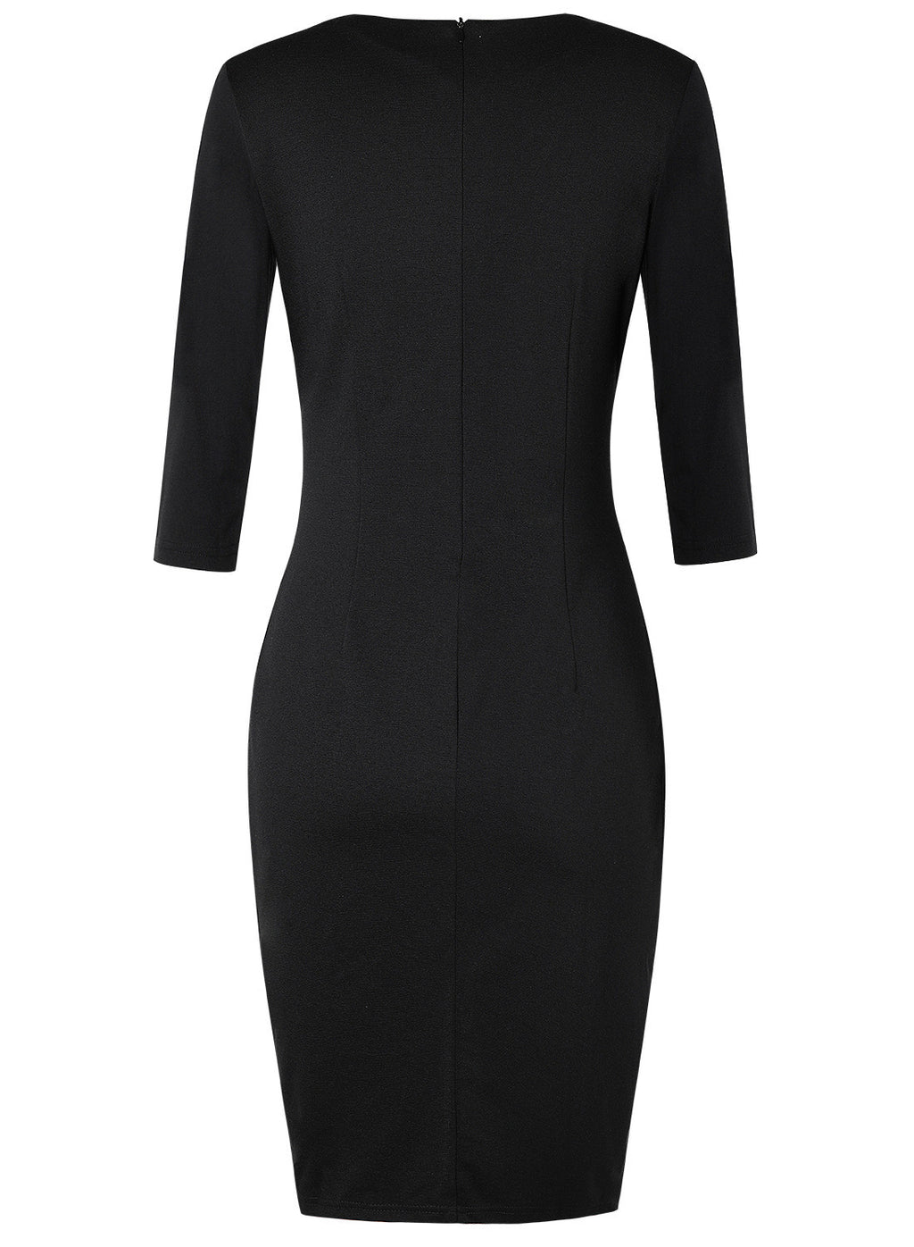 Robe Crayon Professionnelle en Coton à Col V Manches 3/4 avec Couture et Effet Hanche