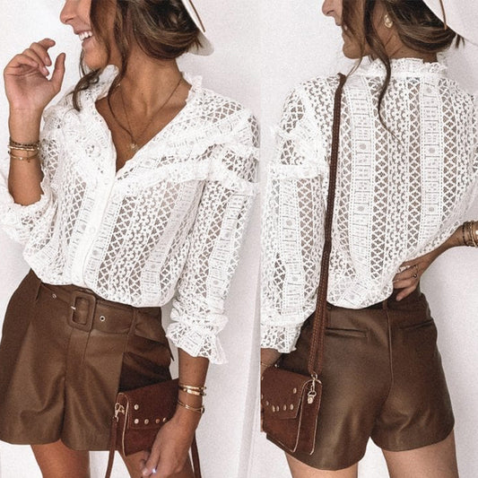 Temperament Lace Collar Hollow Lace White Sexy Top