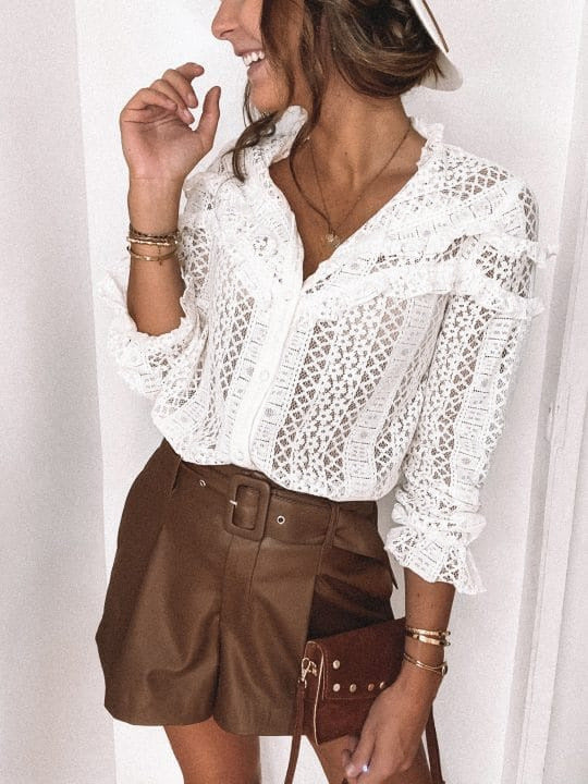White Lace Collar Hollow Sexy Polyester Top
