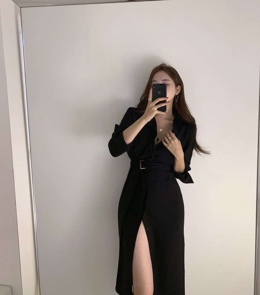 Lapel Tie Waist V-Neck Short Sleeve Long Shirt Dress