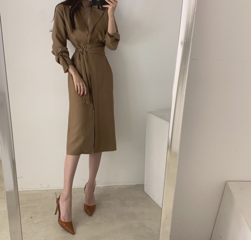 Lapel Tie Waist V-Neck Short Sleeve Long Shirt Dress