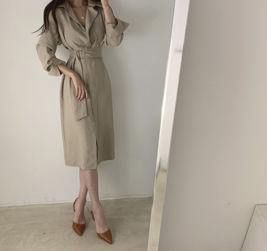 Lapel Tie Waist V-Neck Short Sleeve Long Shirt Dress