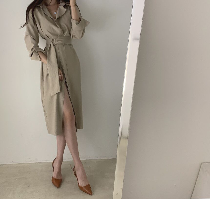 Lapel Tie Waist V-Neck Short Sleeve Long Shirt Dress