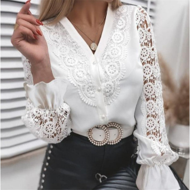 Women's Long Sleeve Lace Fashion V-neck Top