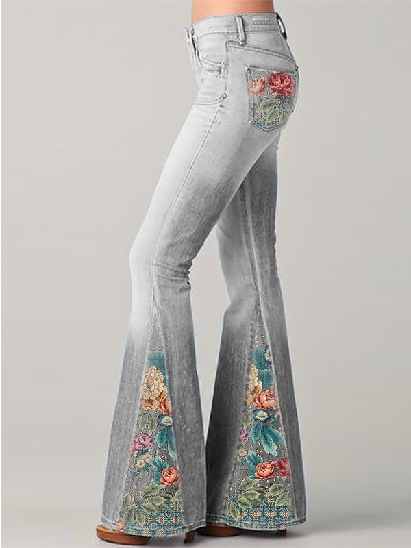 Spring Fashion Gradient Flower Print Denim Flared Jeans