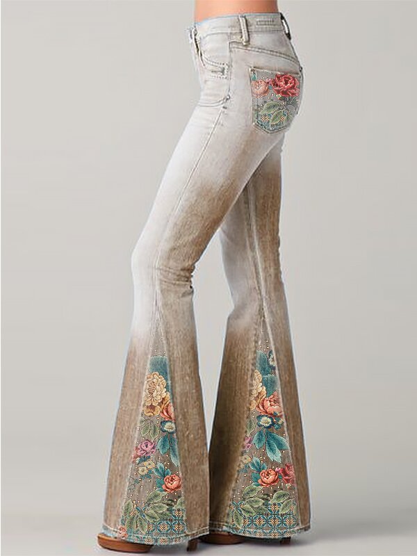 Spring Fashion Gradient Flower Print Denim Flared Jeans