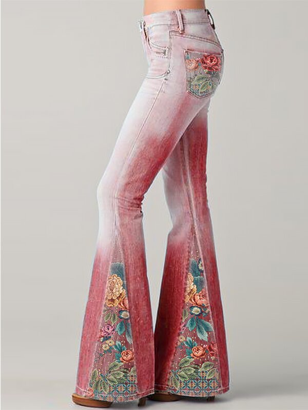 Spring Fashion Gradient Flower Print Denim Flared Jeans