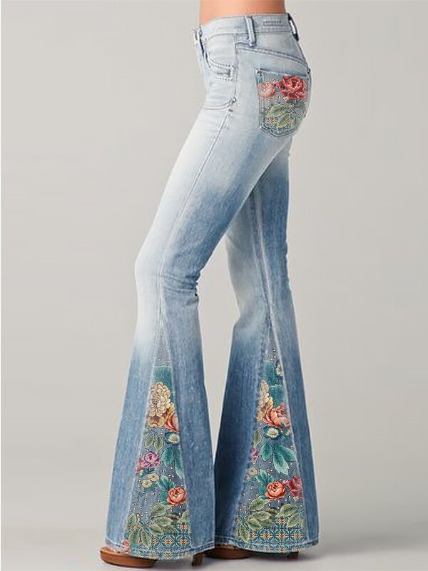 Spring Fashion Gradient Flower Print Denim Flared Jeans