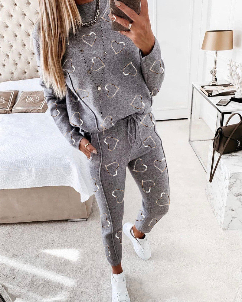 Ensemble de survêtement en molleton pour femme, en mélange de coton abricot et imprimé léopard