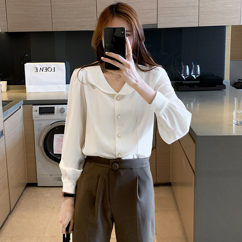 Doll Collar White Shirt Female Niche Long-Sleeved Shirt French Puff Sleeve Top