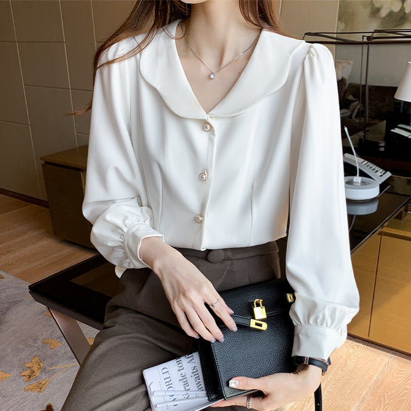 Doll Collar White Shirt Female Niche Long-Sleeved Shirt French Puff Sleeve Top