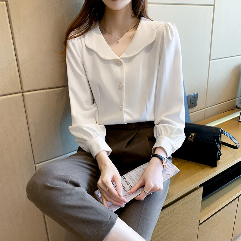 Doll Collar White Shirt Female Niche Long-Sleeved Shirt French Puff Sleeve Top