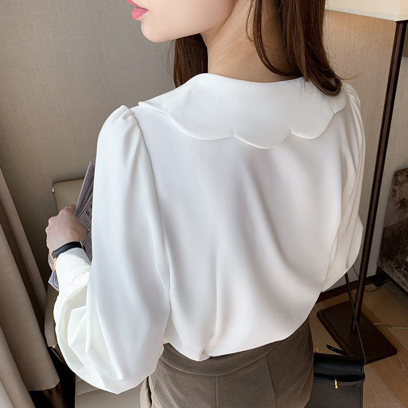 Doll Collar White Shirt Female Niche Long-Sleeved Shirt French Puff Sleeve Top