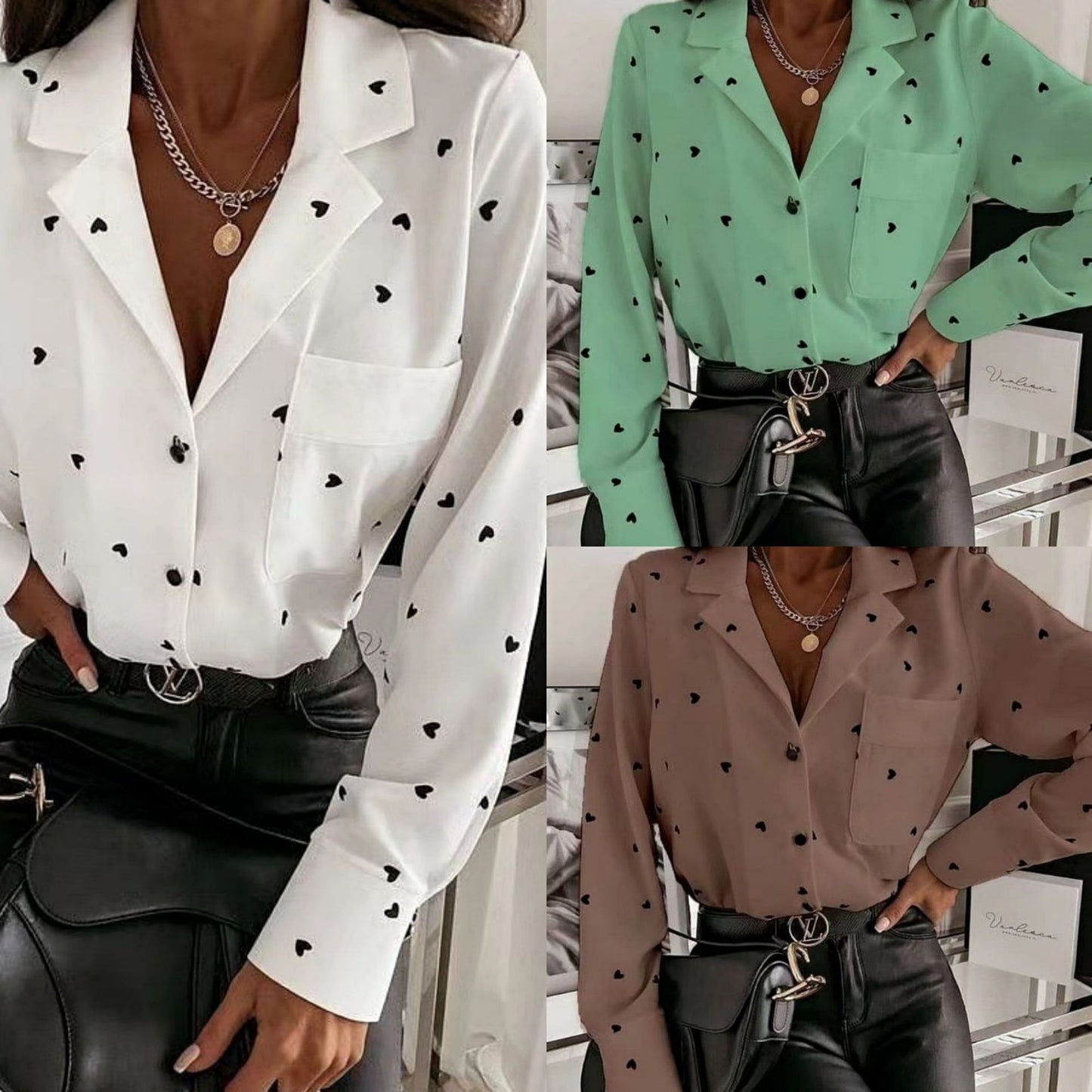 Slim Button Polka Dot Long-Sleeved Shirt Top Women's