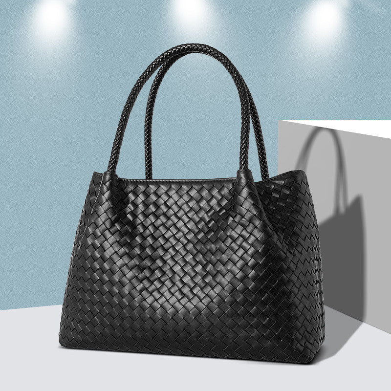 Cowhide Hand-Woven Basket Handbag with Soft Handle for Women