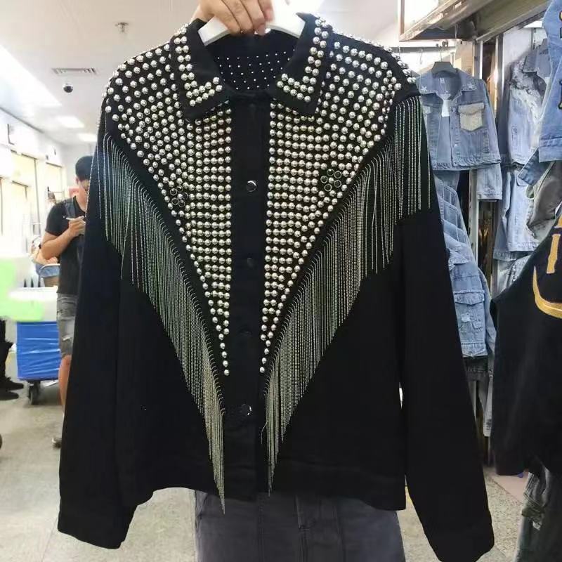 Veste en jean noire avec motif clouté – Coton, Tailles S-XXL