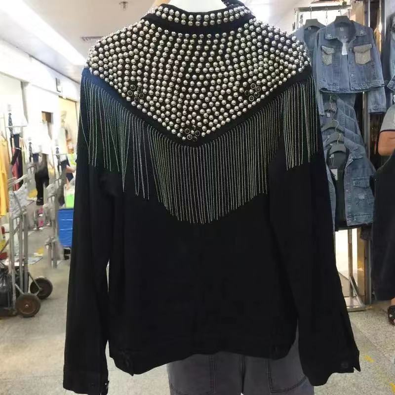 Veste en jean noire avec motif clouté – Coton, Tailles S-XXL