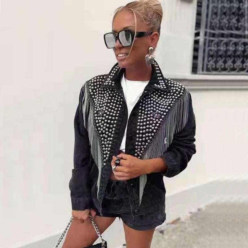 Veste en jean noire avec motif clouté – Coton, Tailles S-XXL
