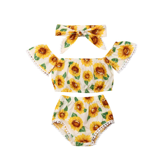 Girl Sunflower Print One-Shoulder Top and Triangle Shorts Set