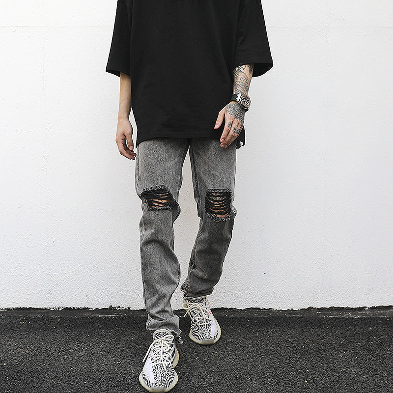 High Street Wind-Washed Water Distressed Gray Ripped Zipper Slim-Fit Jeans With Small Feet Kanye Hip-Hop Trousers Trendy Men