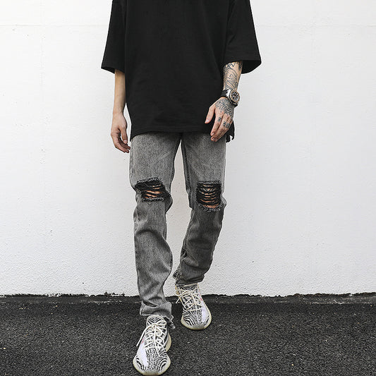 High Street Wind-Washed Water Distressed Gray Ripped Zipper Slim-Fit Jeans With Small Feet Kanye Hip-Hop Trousers Trendy Men