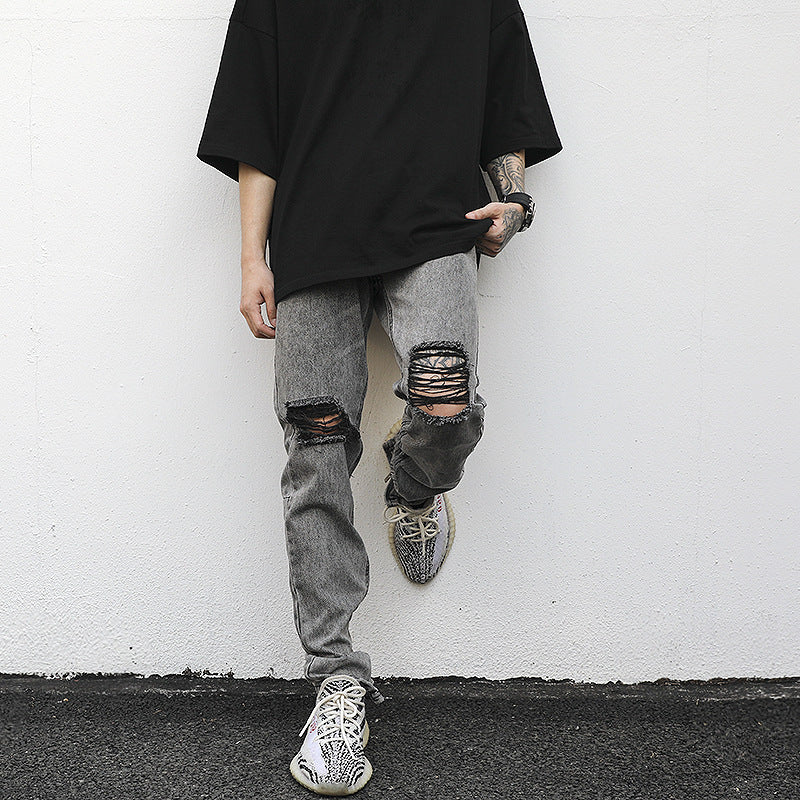 High Street Wind-Washed Water Distressed Gray Ripped Zipper Slim-Fit Jeans With Small Feet Kanye Hip-Hop Trousers Trendy Men
