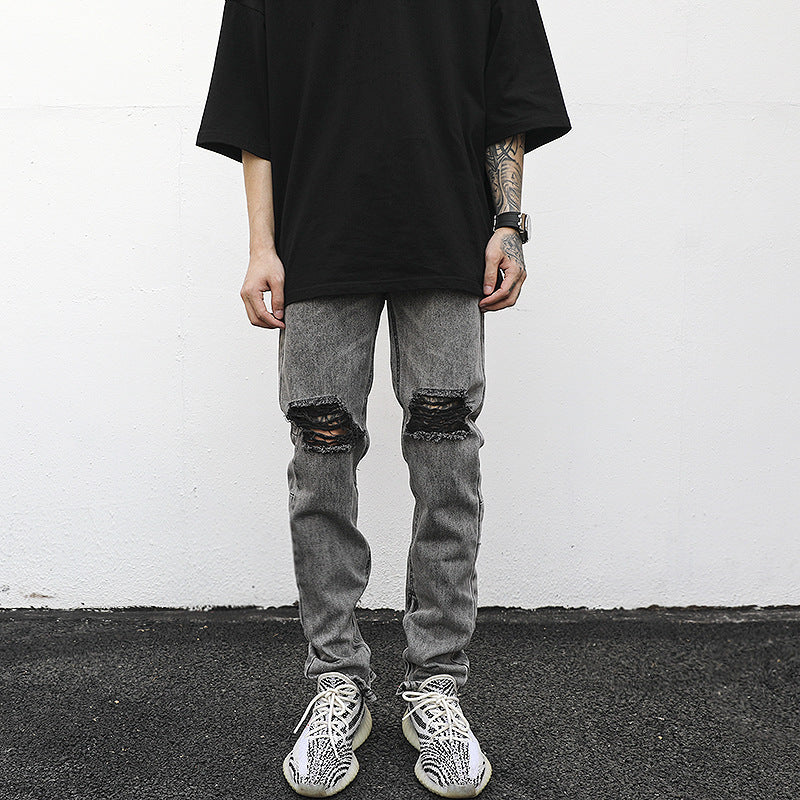 High Street Wind-Washed Water Distressed Gray Ripped Zipper Slim-Fit Jeans With Small Feet Kanye Hip-Hop Trousers Trendy Men