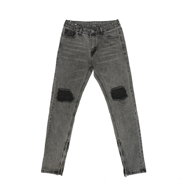 High Street Wind-Washed Water Distressed Gray Ripped Zipper Slim-Fit Jeans With Small Feet Kanye Hip-Hop Trousers Trendy Men