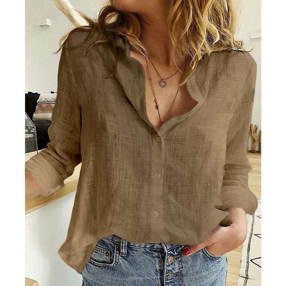 Chemise boutonnée unie à manches longues et revers pour femme