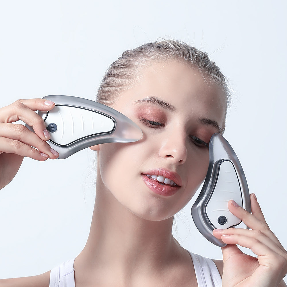 Appareil de massage facial vibrant et chauffant électrique Gua Sha, luminothérapie rouge et bleue, pour un effet beauté, lifting et amincissement du visage.