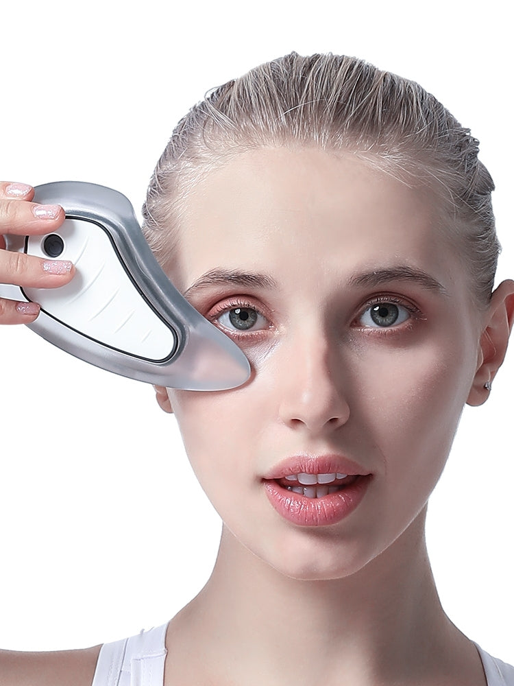 Appareil de massage facial vibrant et chauffant électrique Gua Sha, luminothérapie rouge et bleue, pour un effet beauté, lifting et amincissement du visage.