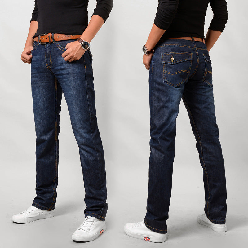 Men's Slim Straight Cotton Jeans Mid Waist Long Pants