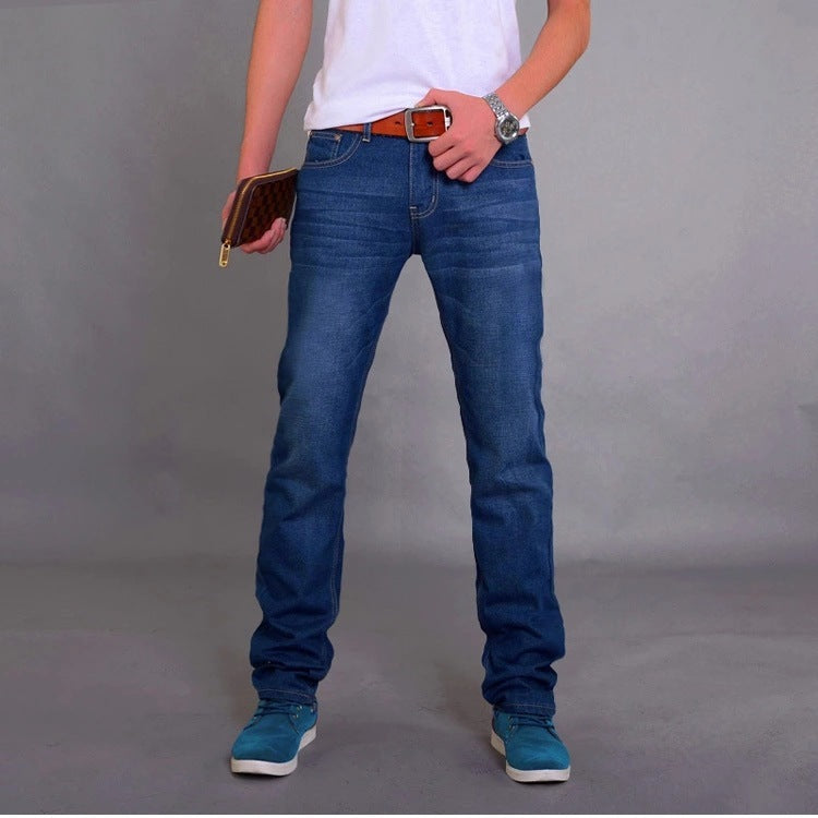 Men's Slim Straight Cotton Jeans Mid Waist Long Pants