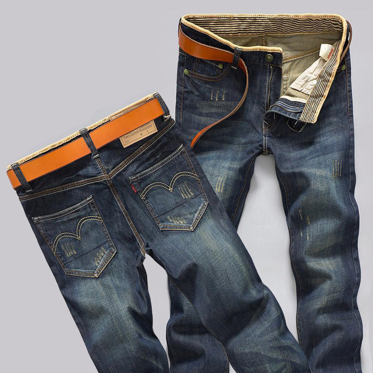 Men's Slim Straight Cotton Jeans Mid Waist Long Pants