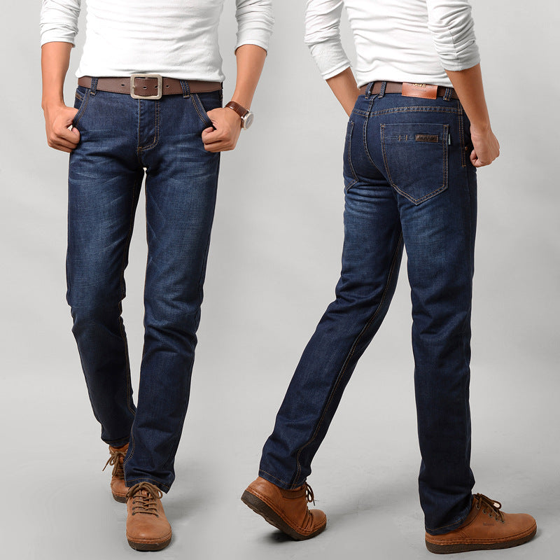 Men's Slim Straight Cotton Jeans Mid Waist Long Pants