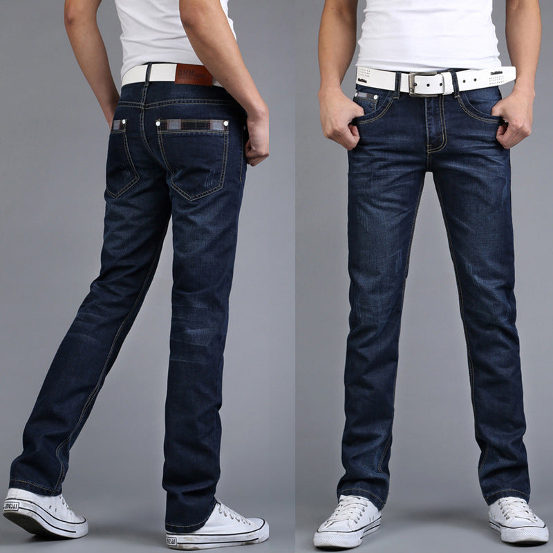 Men's Slim Straight Cotton Jeans Mid Waist Long Pants
