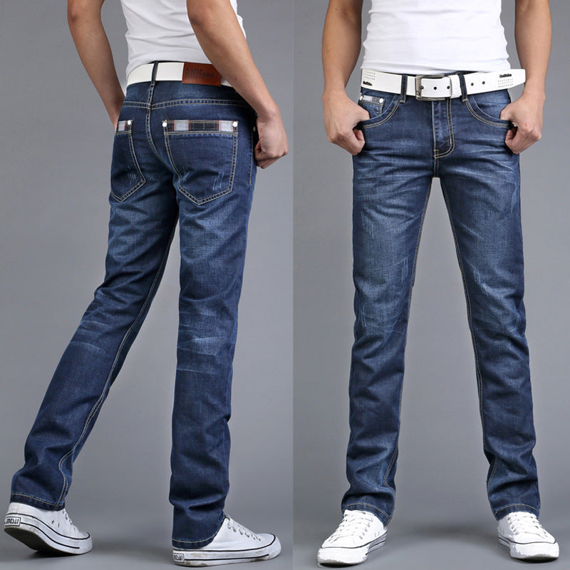Men's Slim Straight Cotton Jeans Mid Waist Long Pants