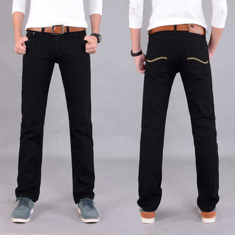 Men's Slim Straight Cotton Jeans Mid Waist Long Pants