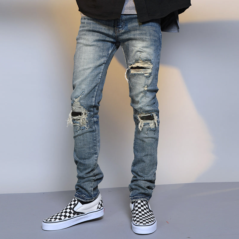 Men's Ripped Washed Blue Cotton Denim Jeans Mid Waist