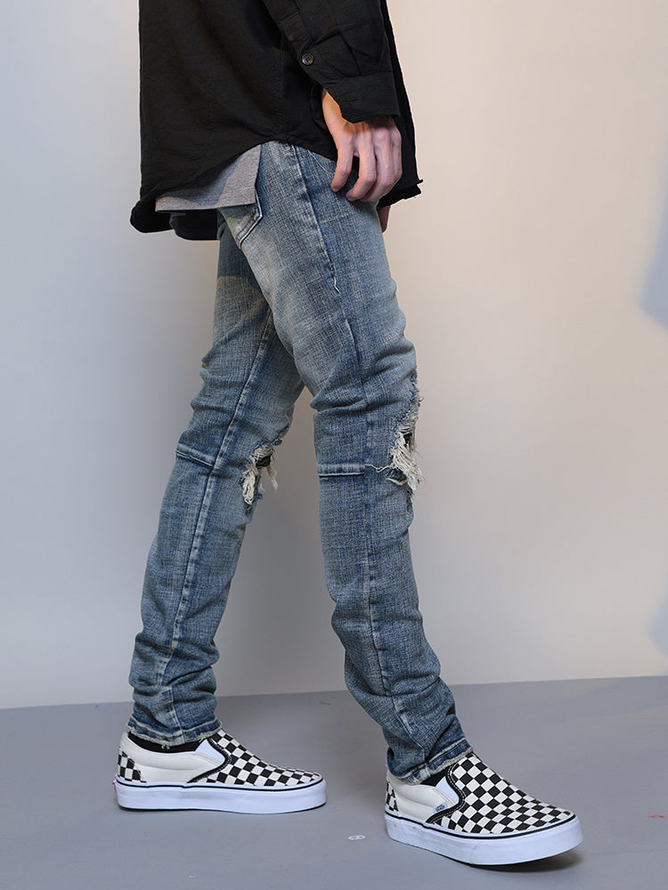 Men's Ripped Washed Blue Cotton Denim Jeans Mid Waist