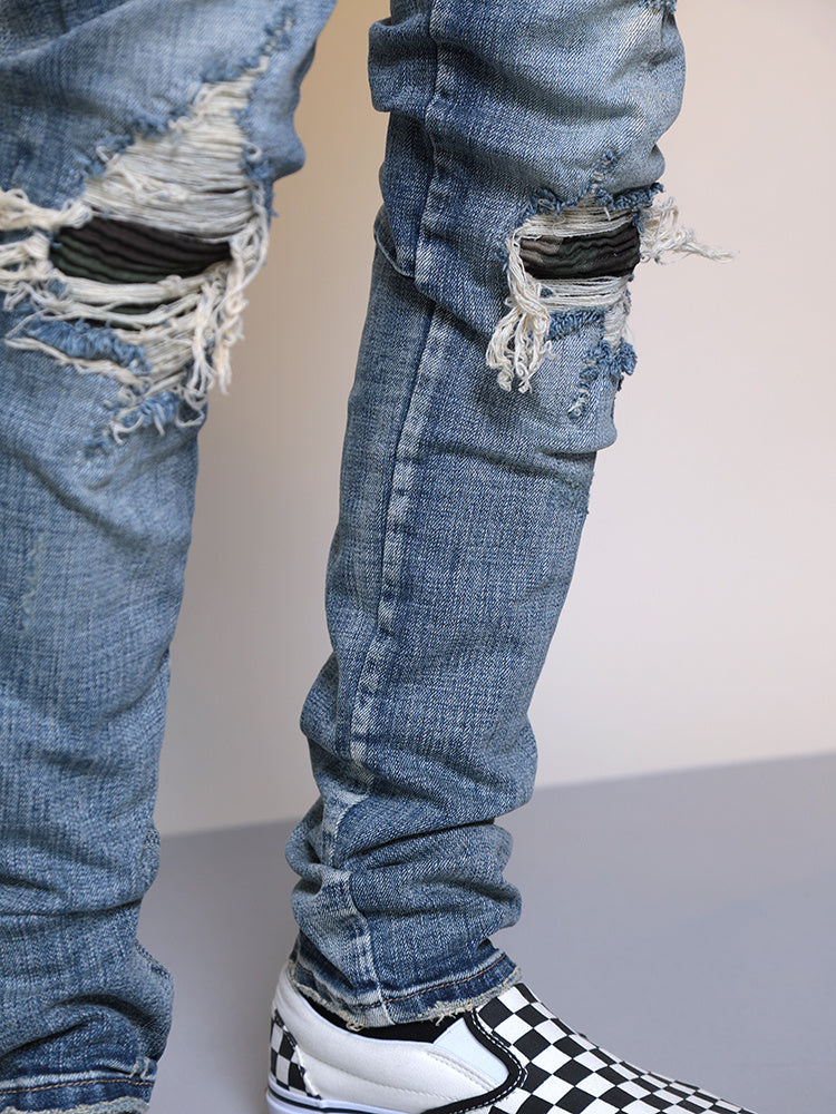 Men's Ripped Washed Blue Cotton Denim Jeans Mid Waist