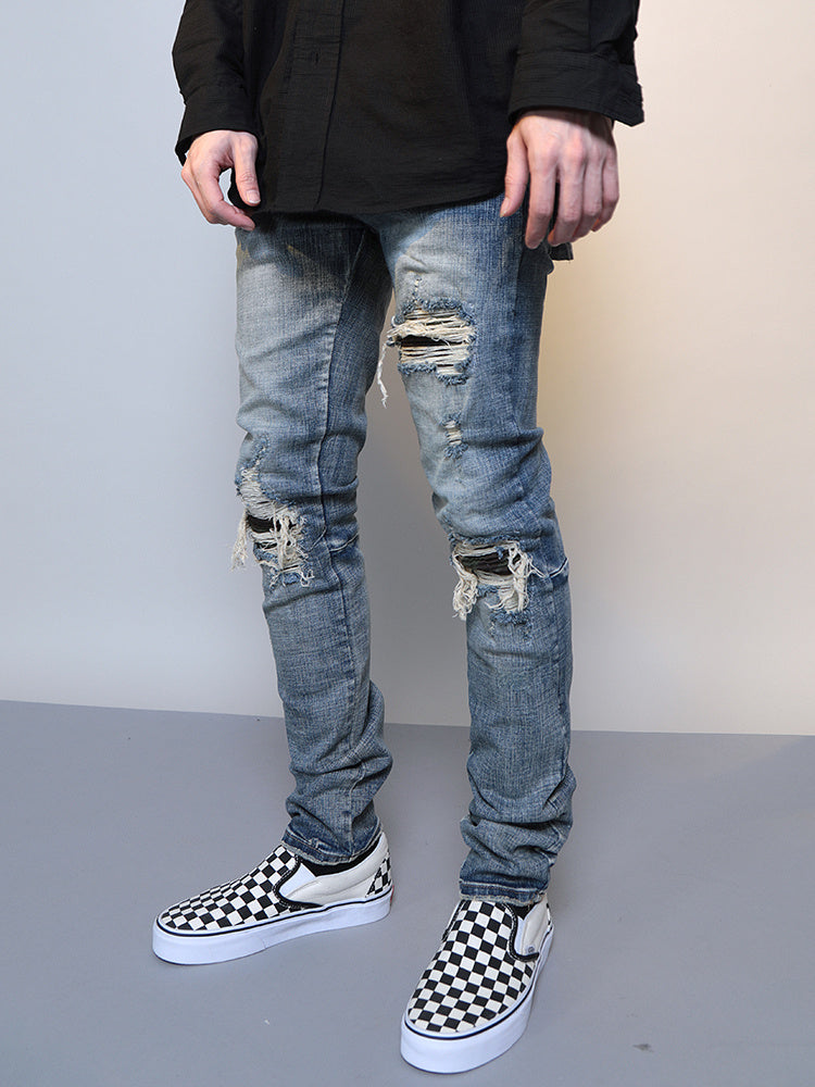 Men's Ripped Washed Blue Cotton Denim Jeans Mid Waist