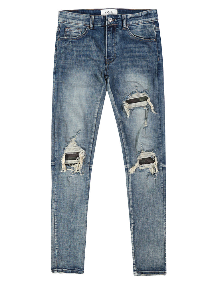 Men's Ripped Washed Blue Cotton Denim Jeans Mid Waist